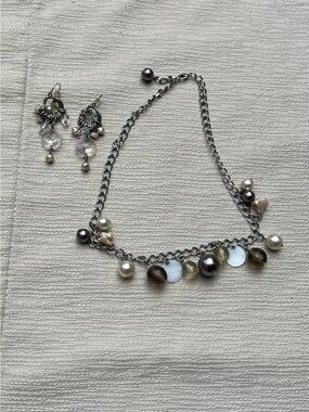 Pearl & Bead Charm Chain Necklace & Earrings